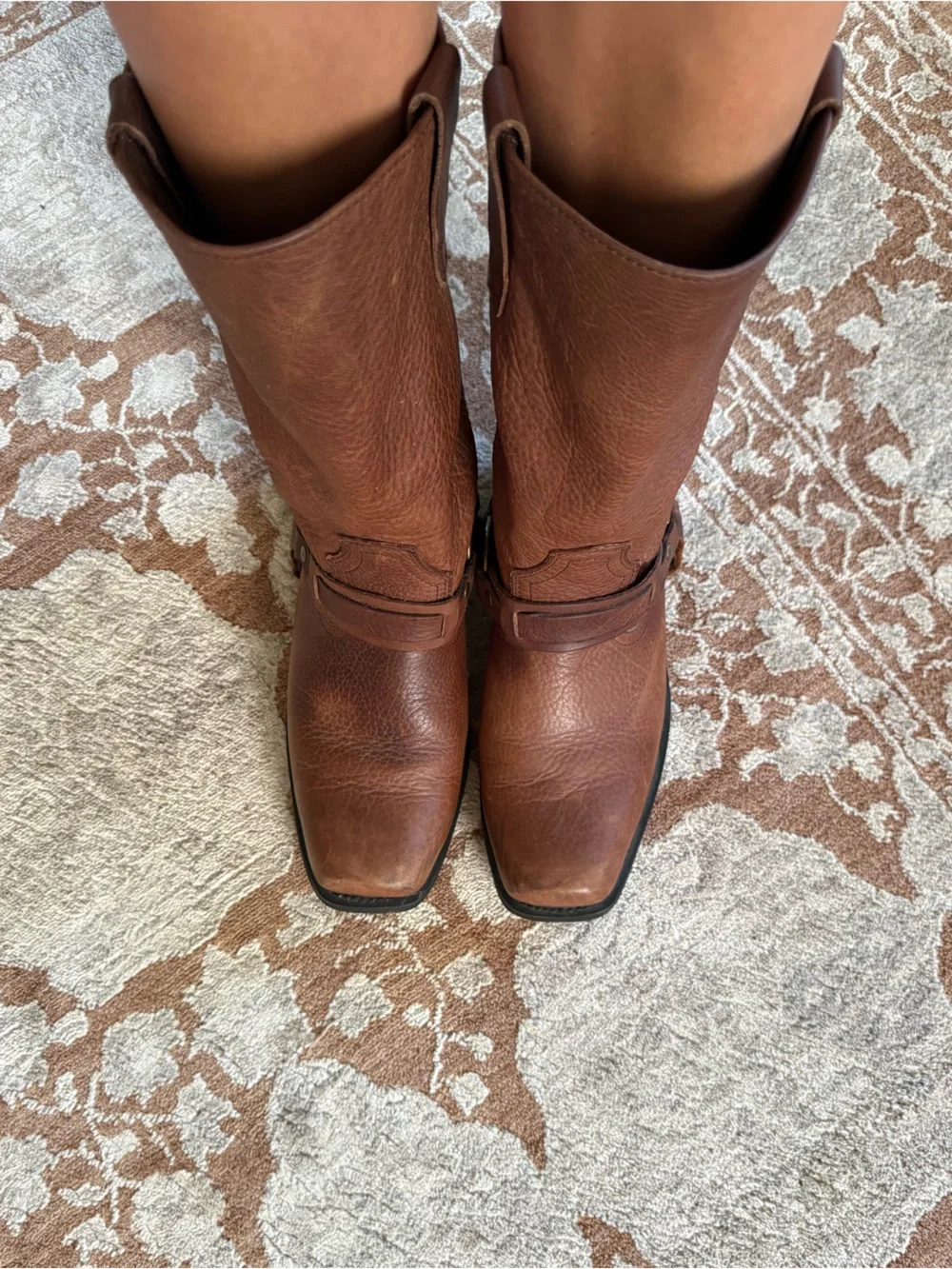 Brown Square toe leather harness boots sz 9.5